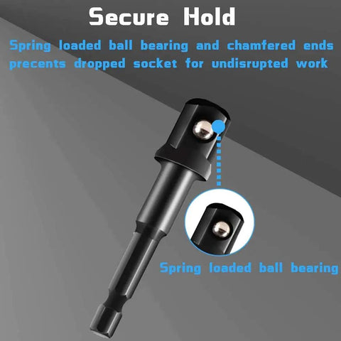 Pro Grade Power Drill Socket Adapters And Reducers Set, Impact Grade, 4 Piece, secure hold with spring loaded ball bearing
