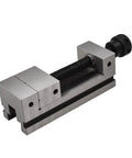 Precision Toolmakers Vise Featuring Three Inch Jaw Width Four Inch Jaw Opening Plus Drop Dead Accurate Hardened One Piece Body Rock Solid Milling Workholder, side view showing screw mechanism.
