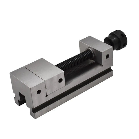 Precision Toolmakers Vise Featuring Three Inch Jaw Width Four Inch Jaw Opening Plus Drop Dead Accurate Hardened One Piece Body Rock Solid Milling Workholder, side view showing screw mechanism.