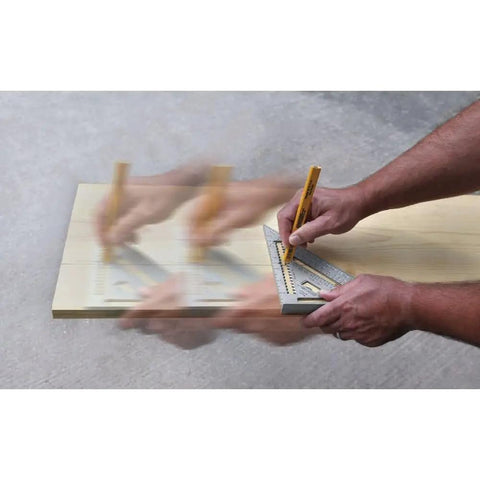 Professional Aluminum Rafter Square 7 Inch With CNC Edges For Dead On Angles in use as saw guide on wood surface
