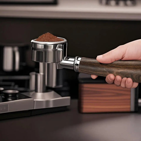 Boss Level 58mm Bottomless Portafilter With Genuine Black Walnut Handle For Breville Models with ground coffee ready for use.