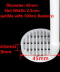 Pro-Grade PTFE Cleaning Rack For Silicon Wafers And Conductive Glass, showing 45mm diameter, 2.5mm slot width suitable for 100mL beakers