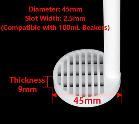 Pro-Grade PTFE Cleaning Rack For Silicon Wafers And Conductive Glass, showing 45mm diameter, 2.5mm slot width suitable for 100mL beakers