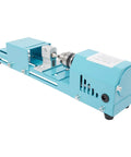 Mini Wood Lathe for Desktop Use with 7 Speed Settings 96W Motor Up to 9000 RPM, turquoise body and metal chuck for precision cutting.