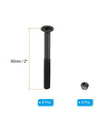 Two Inch Carbon Steel Skateboard Mounting Hardware Set, 8 Screws And 8 Nuts With Flat Heads, 50mm Long, displayed with dimensions.