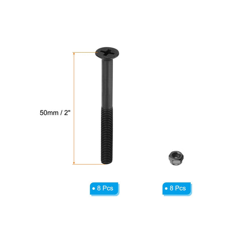 Two Inch Carbon Steel Skateboard Mounting Hardware Set, 8 Screws And 8 Nuts With Flat Heads, 50mm Long, displayed with dimensions.