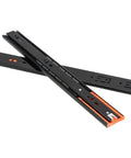 2 Piece Bottom Mounted Concealed Metal Drawer Slides Featuring Soft Close Buffer Action That Hides Away Underdrawers For Cabinets And Furniture Builds Promising Rock Solid Durability And Silky Smooth Gliding Performance in black with orange accents.