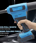 Straight Up Rock Solid Pro Cordless Brushless Riveting Gun Kit One Touch Quick Pull Automatic Rivet Nut Tool Battery Powered Workhorse For Metal Wood Projects, blue cordless riveter with ergonomic handle.