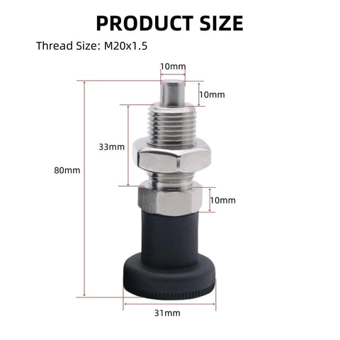 Grip Tight Two Piece M20 Thread Stainless Steel Ball Nose Spring Plunger Pair With Quick Twist Knob, dimensions shown.