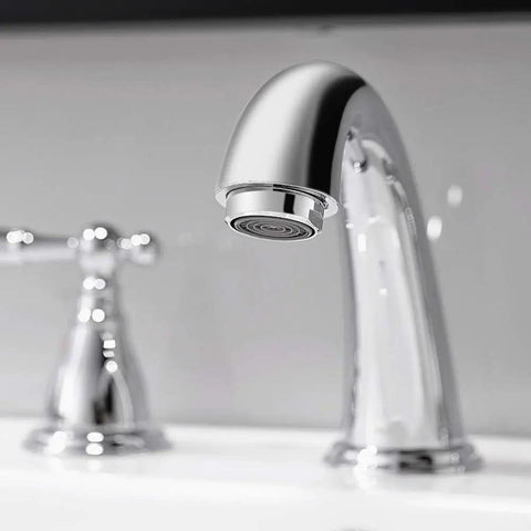 Close-up of Chrome 8 Inch Widespread Bathroom Faucet With Metal Pop Up Drain Lead Free 3 Hole Lavatory Faucet For Sink Vanity Use WF0084C