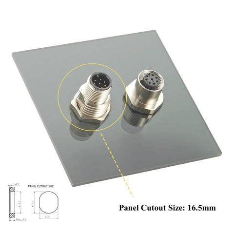 8 Pin M12 A Code Bulkhead Connector Male To Female IP67 Panel Mount Feedthrough on glass with panel cutout 16.5mm