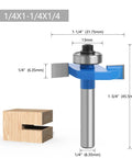 Four Piece Rabbet Router Bit Set Featuring One Quarter Inch Shanks And Six Swappable Guide Bearings Constructed From Heavy Duty Carbide Steel to show detailed dimensions and design.