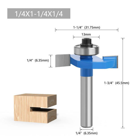 Four Piece Rabbet Router Bit Set Featuring One Quarter Inch Shanks And Six Swappable Guide Bearings Constructed From Heavy Duty Carbide Steel to show detailed dimensions and design.
