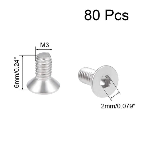Dang Tough M3X6MM Flat Head Machine Screws Featuring True Inner Hex Socket Design, 80 pcs, 304 stainless steel, countersunk.