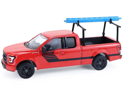 Ford F 150 Diecast Model One Sixty Four Ladder Rack Pickup Red With Black Stripes Farm Series Limited Edition True To Scale Real Rubber Tires