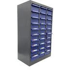 30 Drawer Tool Storage Cabinet For Bolts And Nuts Heavy Duty Steel Hardware Organizer Craft Parts Cabinet With Drawer Storage Garage Workshop Parts Organization, side view with blue drawers.