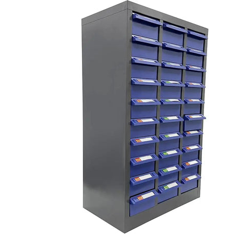 30 Drawer Tool Storage Cabinet For Bolts And Nuts Heavy Duty Steel Hardware Organizer Craft Parts Cabinet With Drawer Storage Garage Workshop Parts Organization, side view with blue drawers.