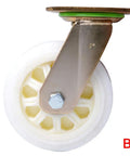 Heavy Duty Nylon Trolley Caster Wheels For Furniture With 360 Degree Swivel Rollers And Optional Brake. Close-up of a swivel caster wheel with a metal bracket.