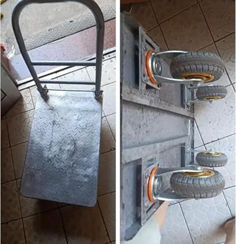 Heavy Duty 200mm Rubber Swivel Casters With Locking Brakes Set Of Four on a utility cart with a sturdy metal frame.