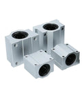 4 Pack Aluminum Linear Motion Ball Bearing Sliding Bushing Block Shaft Guide showcasing various sizes for CNC builds and 3D printing.
