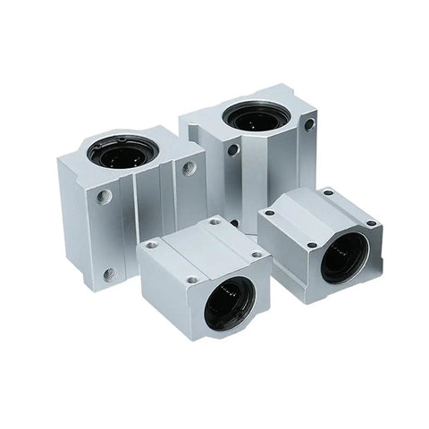 4 Pack Aluminum Linear Motion Ball Bearing Sliding Bushing Block Shaft Guide showcasing various sizes for CNC builds and 3D printing.