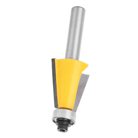 Fabater 8mm Chamfer Router Bit with Bearing, Perfect For Woodworking Bevel Edging Milling Cutter On MDF Solid Wood And Particleboard At 15 Degree Angle With YG6 Alloy Trimming Tool close-up view showing yellow and steel construction.