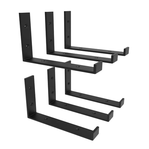 Set of 6 industrial black iron 12 Inch Heavy Duty Floating Shelf Brackets with J-shaped design for sturdy wall-mounted shelves