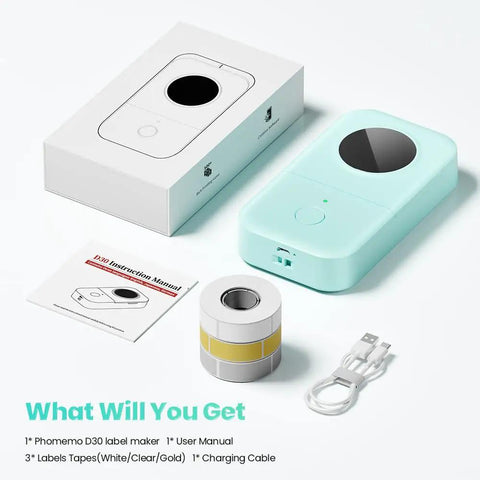 Portable Bluetooth Label Maker D30 With Three Tapes White Gold Clear, Handy Thermal Printer For Home Use, Handheld Small Label Printer With Multiple Templates Fonts Icons, Rechargeable Battery, Easy, Quick Labeling shown with package contents