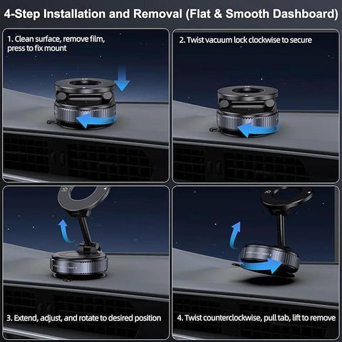 Magnetic car phone mount with vacuum suction cup, black and silver, 360° rotation, installed on dashboard.