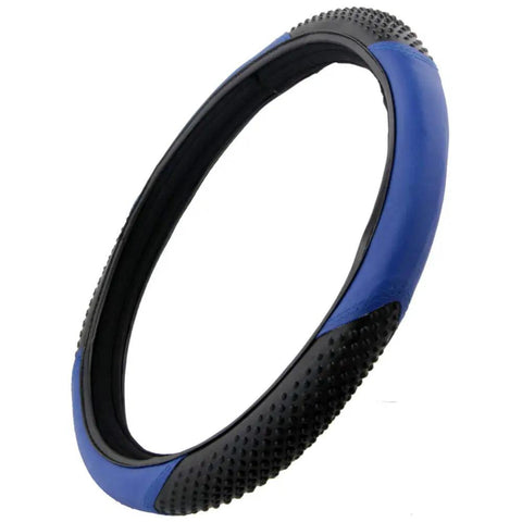 Ergonomic grip steering wheel cover in blue and black for trucks, vans, and SUVs from Level Up Your Slick Ride With This Premium Car Accessory Gift Bundle Featuring Thermal Blocking Auto Sunshade Two Tone Carpet Floor Mats And Ergonomic Grip Steering Wheel Cover For Trucks Vans SUVs.