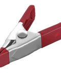 Single nickel-plated spring clamp with red handles in open position, part of Heavy Duty Nickel Plated Spring Clamps 100 Pack 2 Inch Wide Jaw Opening 0.8 Inch Ideal for Woodworking Home Decor and Industrial Projects Bulk Wholesale.