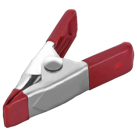 Single nickel-plated spring clamp with red handles in open position, part of Heavy Duty Nickel Plated Spring Clamps 100 Pack 2 Inch Wide Jaw Opening 0.8 Inch Ideal for Woodworking Home Decor and Industrial Projects Bulk Wholesale.