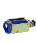 12V DC Push Pull Solenoid Electromagnet Open Frame With 10mm Stroke For Linear Motion, Framed Electromagnet, Reliable And Safe Control, DIY Friendly Unit, 1 Piece For Compact Projects close-up with blue coil and spring plunger