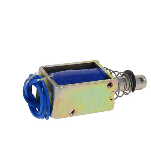 12V DC Push Pull Solenoid Electromagnet Open Frame With 10mm Stroke For Linear Motion, Framed Electromagnet, Reliable And Safe Control, DIY Friendly Unit, 1 Piece For Compact Projects close-up with blue coil and spring plunger