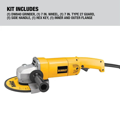 Beefy 7 Inch Corded Angle Grinder With 13 Amp Motor Delivers 8000 RPM High Power To Weight Ratio Workhorse Tool Spark Control Guard DW840
