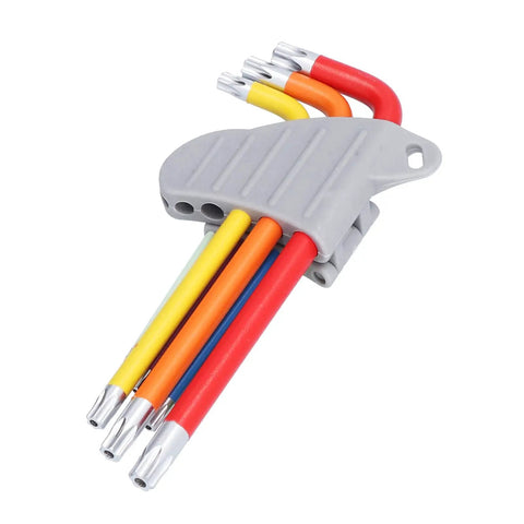 Kickstart Your Home Repair Game With This Hottest 9 Pcs Arm Hex Wrench Set Featuring Gnarly Color Coding And Solid Metal Star Hex Keys For Pro Level Maintenance, Fixing, And All Your Daily DIY Projects Without The Stress. Color-coded 9-piece hex wrench set in gray holder