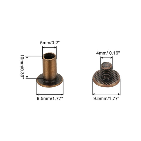 Heavy Duty Chicago Bindpost Screws M5 X 10mm Carbon Steel Antique Bronze Phillips Head hardware with dimensions.