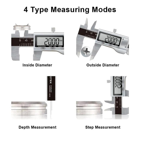 Digital Caliper 6 Inch Stainless Steel Measuring Tool With Large LCD Screen Electronic Vernier Calipers Inch Metric Conversion For Precise Readings showing 4 measuring modes: inside, outside, depth, step.