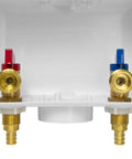 Premium Washing Machine Outlet Box With One Half Inch Pex Inlet To Three Quarter Inch MHT Outlet, center drain, brass shutoffs