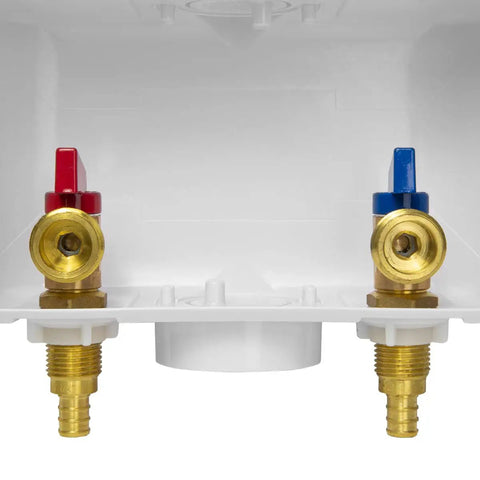 Premium Washing Machine Outlet Box With One Half Inch Pex Inlet To Three Quarter Inch MHT Outlet, center drain, brass shutoffs