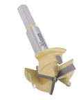 Close-up of 35mm hinge boring bit with 9mm hex shank and 3-flute cutter for woodworking