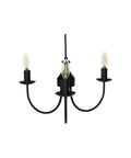 Creative Co-Op Iron & Rubber Wood Pendant Lamp with Golden Glow in black, featuring three candle-style bulbs and elegant arms.