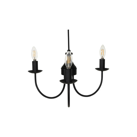 Creative Co-Op Iron & Rubber Wood Pendant Lamp with Golden Glow in black, featuring three candle-style bulbs and elegant arms.