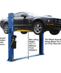 Heavy Duty Two Post Vehicle Lift With Baseplate And Open Top Design For Low Ceiling Garages, showing max height 70 ½ inch.