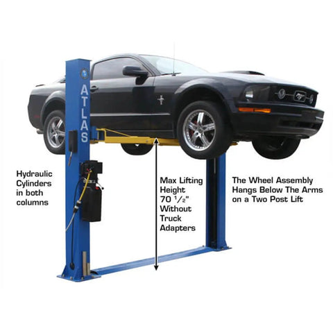 Heavy Duty Two Post Vehicle Lift With Baseplate And Open Top Design For Low Ceiling Garages, showing max height 70 ½ inch.