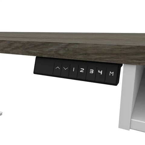 L Shaped Electric Standing Desk Adjustable Height Commercial Workstation control panel with lift settings under melamine finish top.