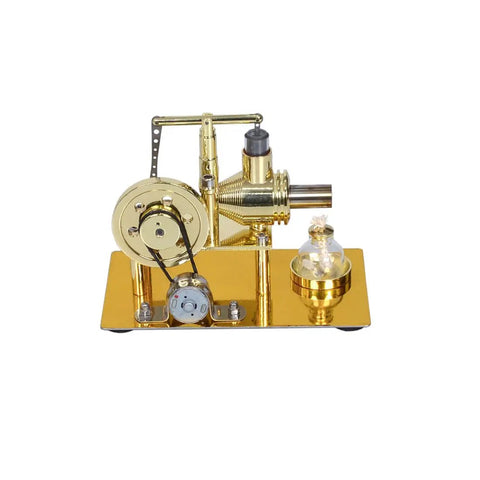 Premium Gold Stirling Engine Generator With Real Moving Pistons And Soft Led Accents Making It A Dope Desktop Display Piece And Killer Educational STEM Learning Gift, top view of shiny gold engine.