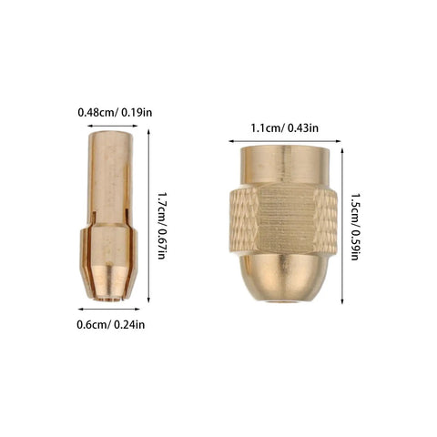 Must-Have 11 Piece Replacement Drill Chuck Collet Kit With Copper Collets And Nut For Electric Nail Drills Universal 8Mm Tail Diameter Accessory parts showing copper collets and nut sizes.