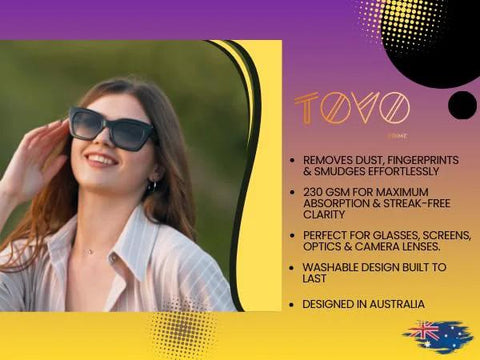 TOVO PRIME microfiber lens cleaning cloth for glasses and cameras, 6x7 inches, 230 GSM, 6-pack, Australian designed