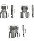 Heavy Duty 4-in-1 Water Pipe Threader Kit, metal dies and fittings for PVC and steel plumbing repair with size measurements.